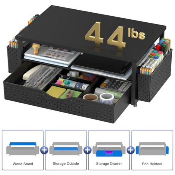 Wood Monitor Stand with Drawer and Pen Holders, Desk Organizer for Office - Picture 7 of 8